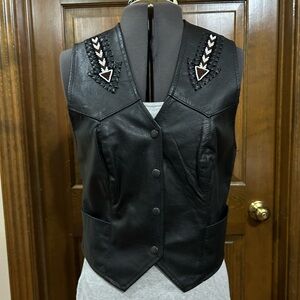 Unik Black Leather Vest with Embroidered Accents